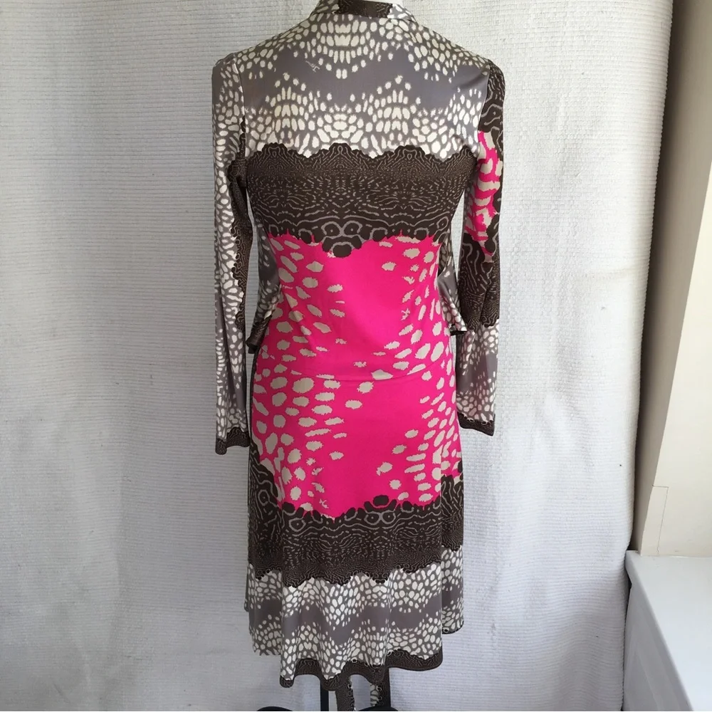 Issa London Dress M US8 UK12 Stretch Silk Animal Print Long Sleeve Brown Pink - Picture 4 of 10